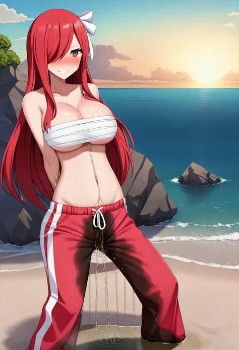 (high quality,Very detailed:1.37, High resolution), Woman, Erza, red hair, navel, flame pants, collarbone, bare shoulders, cleavage, hair over one eye, large breasts, long hair, bandages, chest sarashi, white ribbon, beach, looking at viewer, brown eyes, m...