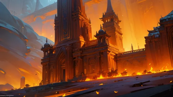 a beautiful temple of fire, dramatic lighting, glowing embers, ornate architecture, intricate details, warm colors, cinematic composition, dramatic shadows, epic scale, highly detailed, masterpiece, photorealistic, 8k