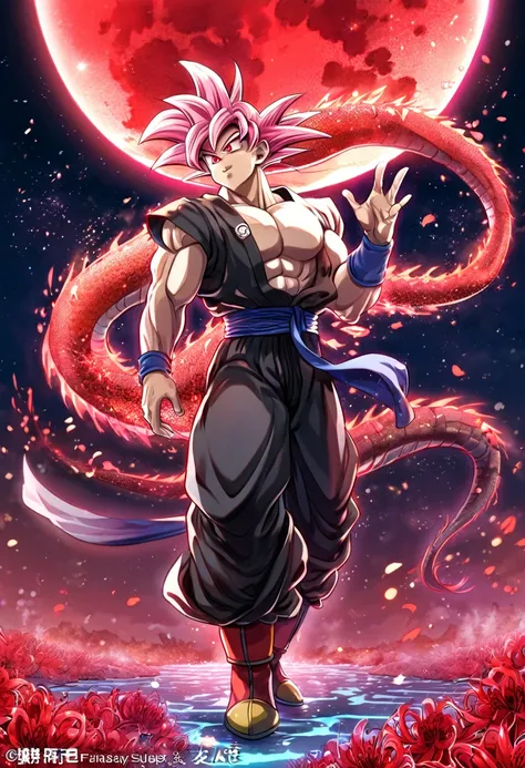 absurdres, highres, ultra detailed, HDR, master piece, best quality, extremely detailed, Goku, pink hair, expressive red eyes, Dragon Ball Super, solo, sexy man, handsome, sensual, black clothes, fantasy, red blood water, sparkling, red glittering fireflie...