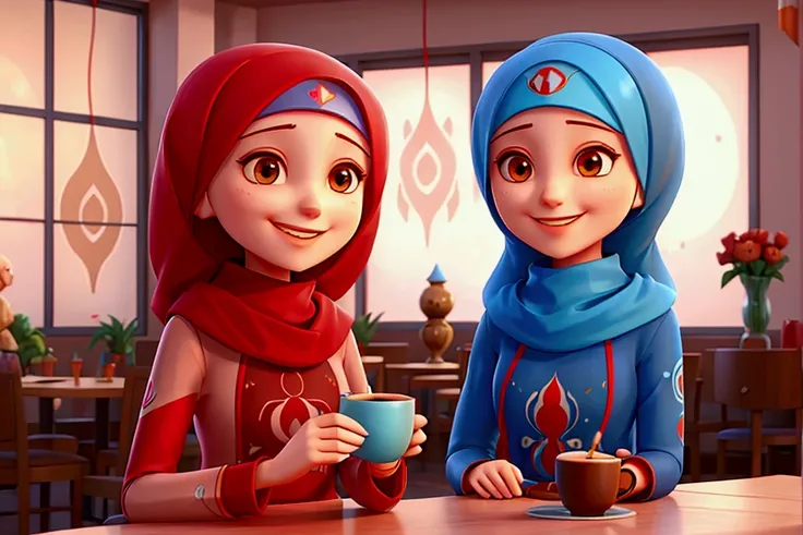 beatiful smiling lady Red hijab and blue hijab drinking tee in a modern lux coffee