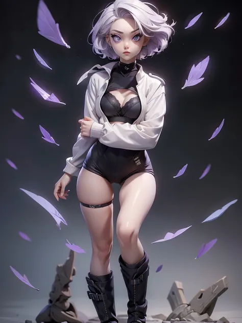 (((Best Quality))), (((Masterpiece))), (((Realistic))) slender, cute girl with short white hair and vibrant purple eyes. She wears only a tight black panties and sport bra with high-tech boots