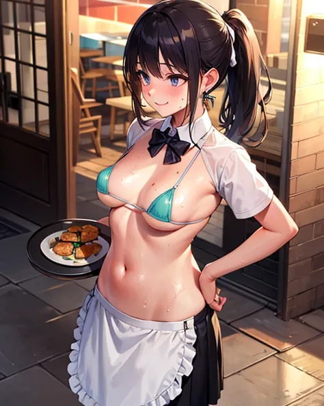 Realistic, masterpiece, Highest quality, (Detailed eyes), 1 high school girl, Huge breasts, Sweat, night, Outdoor, Bustling restaurant, Micro bikini with exposed nipples, Micro bikini with only strings, ponytail, Earrings,  White apron,  puffy short sleeve...