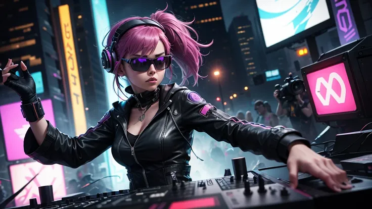 Design a realistic image capturing a 3D video game aesthetic within a Cyberpunk style theme. This scene unfolds in a vibrant public square, where a female DJ is the center of attention, performing energetically on her DJ console. Shes donned in virtual rea...