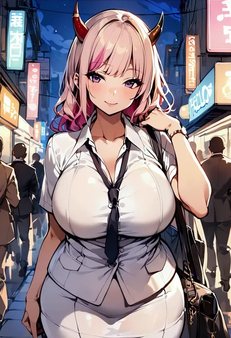 ((masterpiece, Highest)), (One girl), ((Trendy Girl)), Light pink hair, Hello, Horn, ((office lady)), bangs, Mid-breasted, (Plump), slim, Colorful hair colors, Trendy clothes, Street Culture