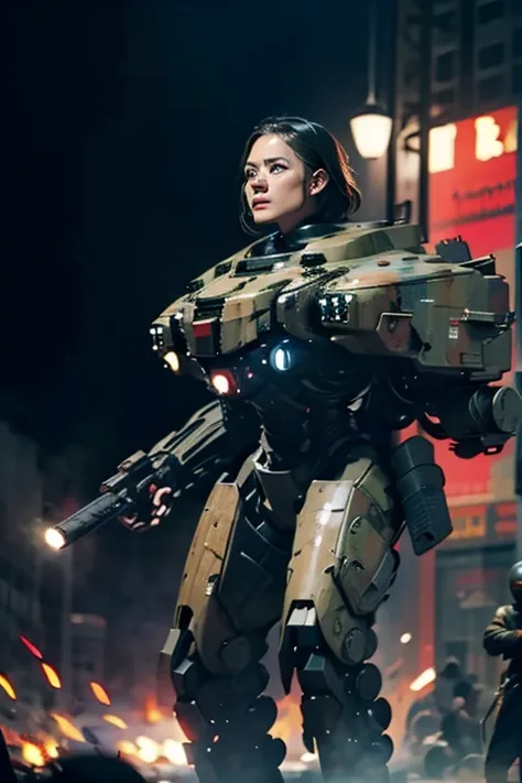 A still from a film showing a female mech pilot standing in front of her (Large combat mech:1.3), Sci-Fi Armor, military base, Strong winds, Sci-fi helmet in hand, visor, Detailed eyes, dry skin, Skin fuzz, Visible skin hair, Skin blemishes ,, Shallow dept...