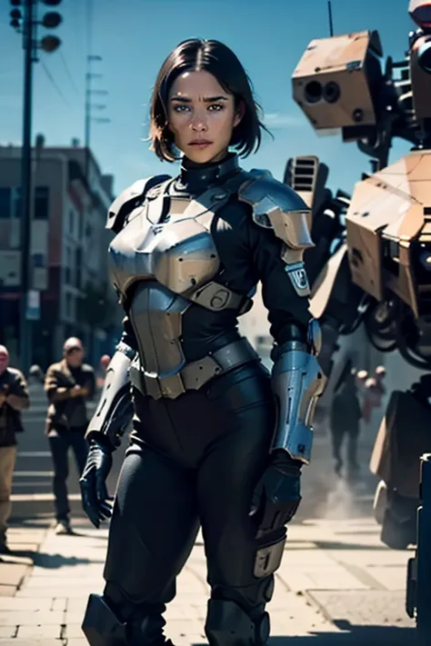 a still from a film showing a female mech pilot standing in front of her (large combat mech:1.3), sci-fi armor, military base, s...