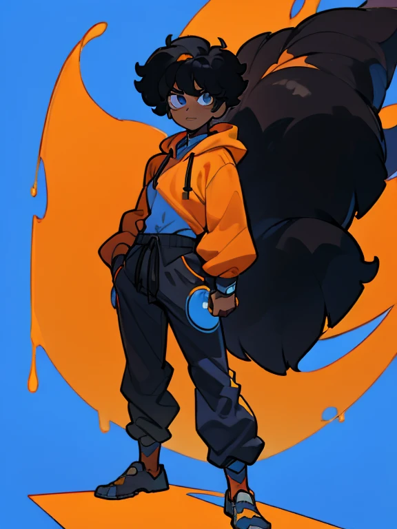 ((masterpiece, best quality)), (1boy), (solo), (male focus), (black male), ((black skin)), black afro hair, tall, standing, orange hoodie, blue eyes, strong body, blue background,