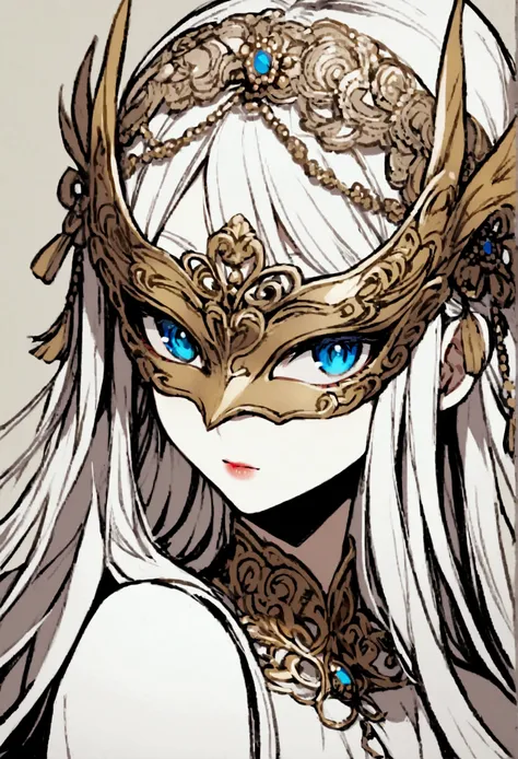 One girl wearing a masquerade mask, Only the mouth is visible, The eyes of the mask are white and cannot be seen.、