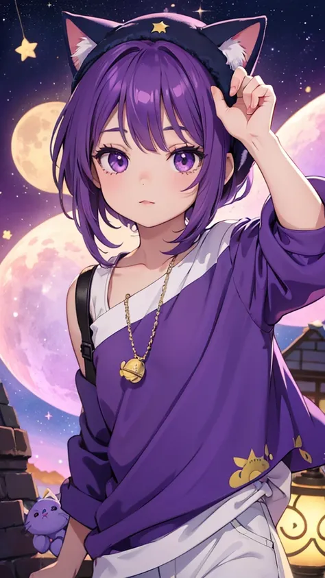 toddler, estilo chivi, with purple hair, cat hat with a star in the middle, light brown skin, purple eyes, long eyelashes, animated style, aladdin style clothing, be anime style, adorable , He looks good like a girl but he&#39;s a boy, in a pose saying "he...