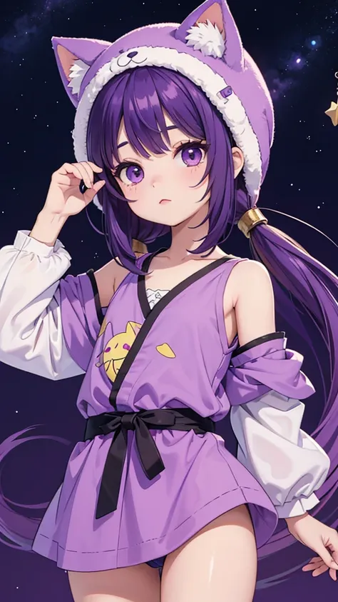 toddler, estilo chivi, with purple hair, cat hat with a star in the middle, light brown skin, purple eyes, long eyelashes, animated style, aladdin style clothing, be anime style, adorable , He looks good like a girl but he&#39;s a boy, in a pose saying "he...