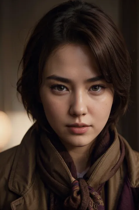 Jessica Henwick, short brown hair, brown coat, purple dress, red scarf, detailed realistic portrait, beautiful detailed eyes, beautiful detailed lips, extremely detailed face, long eyelashes, cinematic lighting, warm color palette, photorealistic, 8k, high...