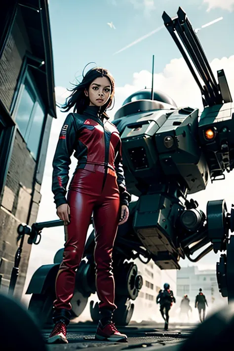 a still from a film showing a female mech pilot standing in front of her (large combat mech:1.3), sci-fi armor, military base, s...