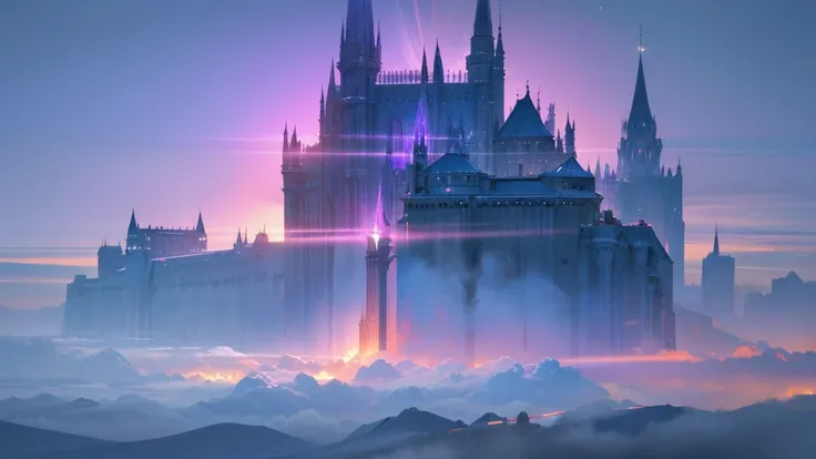 a majestic castle in the sky, a futuristic palace floating above the clouds, intricate architecture, glowing crystalline structures, advanced technology, holograms, antigravity, dramatic lighting, vibrant blue and purple hues, cinematic composition, epic s...