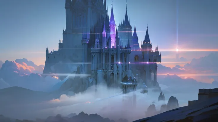 a majestic castle in the sky, a futuristic palace floating above the clouds, intricate architecture, glowing crystalline structures, advanced technology, holograms, antigravity, dramatic lighting, vibrant blue and purple hues, cinematic composition, epic s...