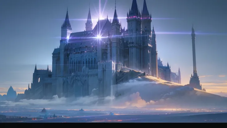 a majestic castle in the sky, a futuristic palace floating above the clouds, intricate architecture, glowing crystalline structures, advanced technology, holograms, antigravity, dramatic lighting, vibrant blue and purple hues, cinematic composition, epic s...