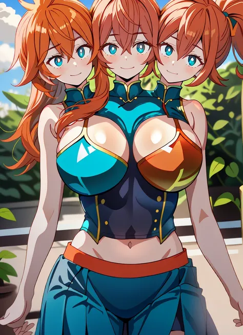 ((best quality)), ((highly detailed)), masterpiece, absurdres, (detailed eyes, deep eyes), (1girl), close-up, upper body, ItsukaHS1, orange hair, long hair, bangs, hair between eyes, side ponytail, teal eyes, huge breasts, smiling, U.A. CheerUniform, orang...