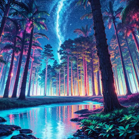 A big place with neon plants like alien style with tribe villages and with big trees in these trees their roots are kind of big neon and the trunk is kind of colorful, com rio passando com uma agua bem clara, When you look at the reflection of the water it...