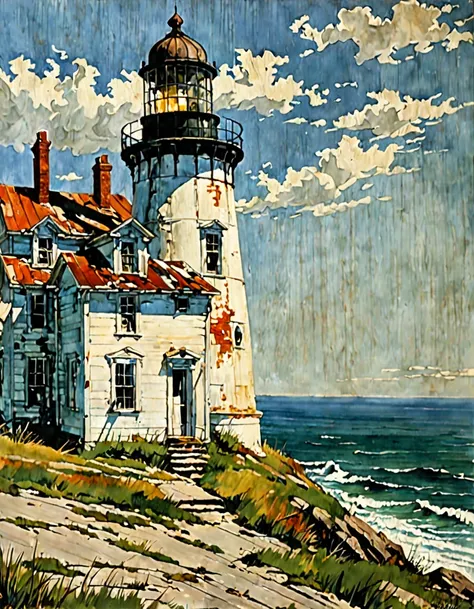 A dilapidated lighthouse, sea breeze, magical realism, reminiscent of the work of Edward Hopper