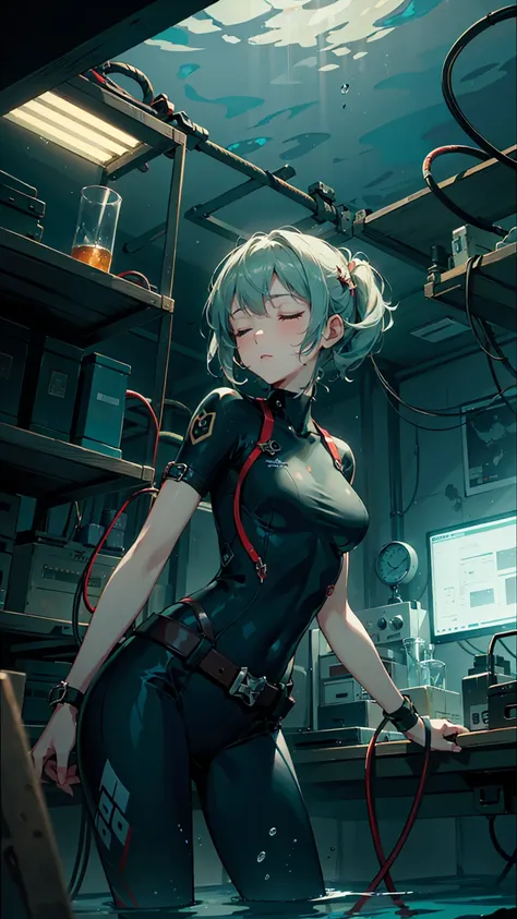 One girl,Elizabeth Green,alone,Black bodysuit,belt,floating, In the stagnation tank,Submerged,close your eyes,limp,Sleeping,Cables protruding from the body, indoor,In the lab,Character Focus,Straight