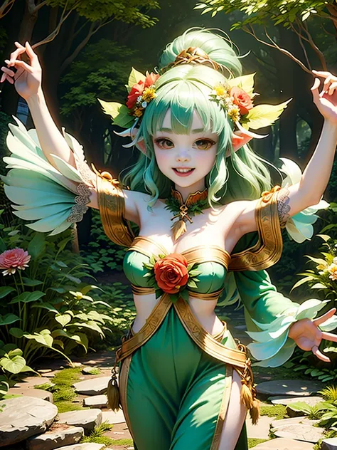 generate a group of mystical forest spirit girls with wreaths of flowers on their heads with pale skin dancing in a circle, ador...