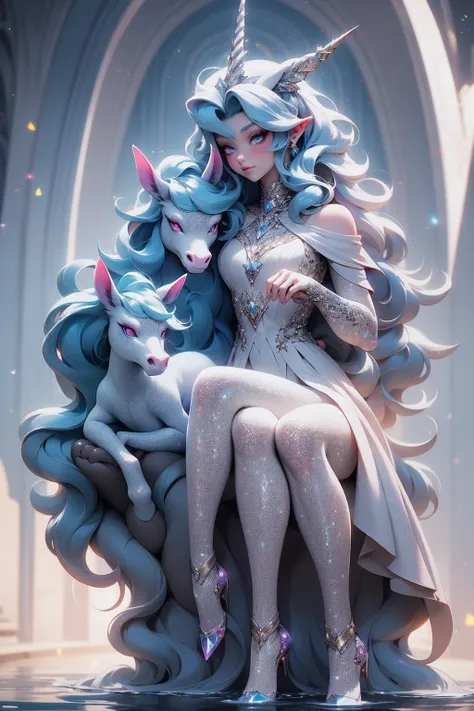 {-erro_de_anatomia:1.0} There is a white unicorn girl, blue mane and long mane, white unicorn, unicorn, unicorn horns, A unicorn, celestia, Nine stories, blue unicorn, soft dreamy, cinematic light《fangs》Unicorn in, mythological creatures, a mythical creatu...