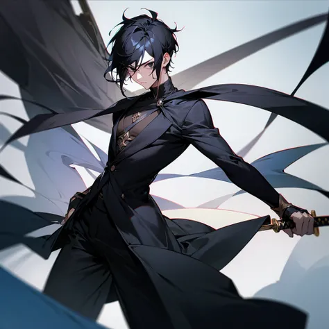 Male character with black hair and black clothes and black eyes and sword 