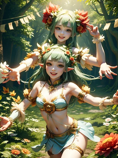 generate a group of mystical forest spirit girls with wreaths of flowers on their heads with pale skin dancing in a circle, ador...