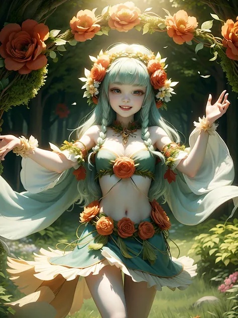 generate a group of mystical forest spirit girls with wreaths of flowers on their heads with pale skin dancing in a circle, adorable smile, cute teeth, masterpiece