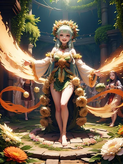 generate a group of mystical forest spirit girls with wreaths of flowers on their heads with pale skin dancing in a circle, ador...