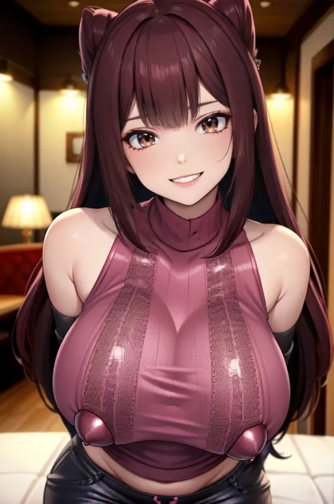 younger sister、Volumetric lighting, bangs, Both sides up, (Dark brown eyes), Malicious grin, Bright pink hair, Medium Hair,A high-neck sweater that exposes the shoulders and arms， Sexy eyes that make you think, Beautiful plump lips, Big ample breasts, Expo...