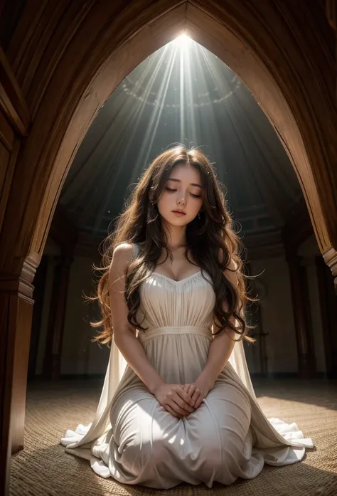 A beautiful woman with huge hair in a beautiful long dress kneeling praying , above her head a beautiful light that comes from the heavens