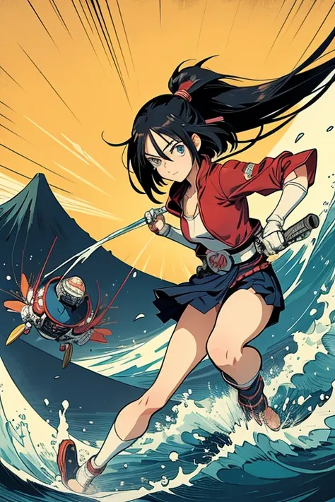 battle angel alita in a scene  by katsushika hokusai