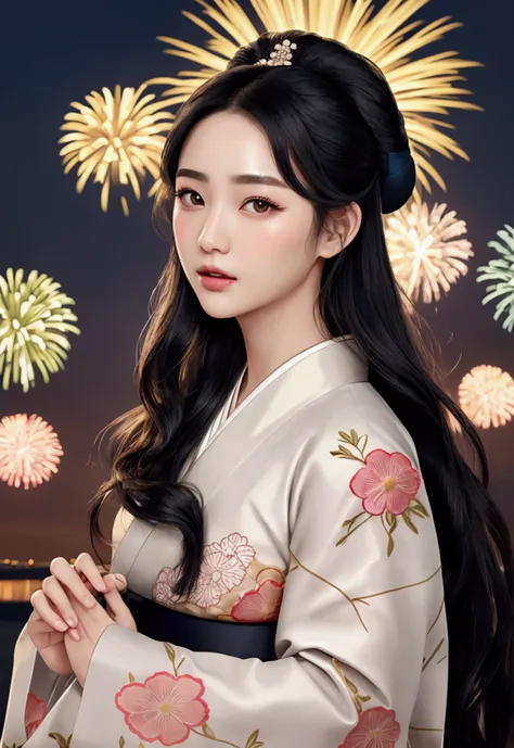 8k resolution、high resolution、high quality、Real、Sea of night、Big fireworks、The breeze is blowing、woman、20-year-old、A once in a century beauty、Body tilted to the right（45 degrees）Suitable for、A full-body depiction of her、Medium-long black hair（It has a gent...