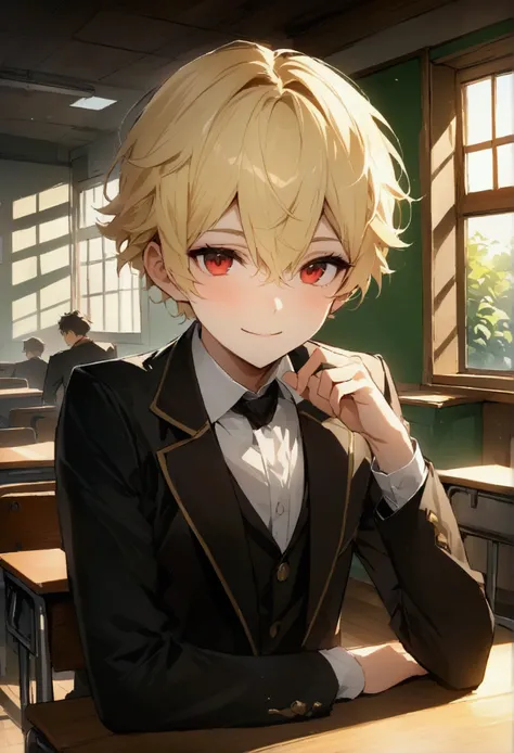 (top quality picture, ultra HD, 8k image) 1 young boy, with short blonde hair, The red eyes, with a Machiavellian smile, wearing the , in the classroom 