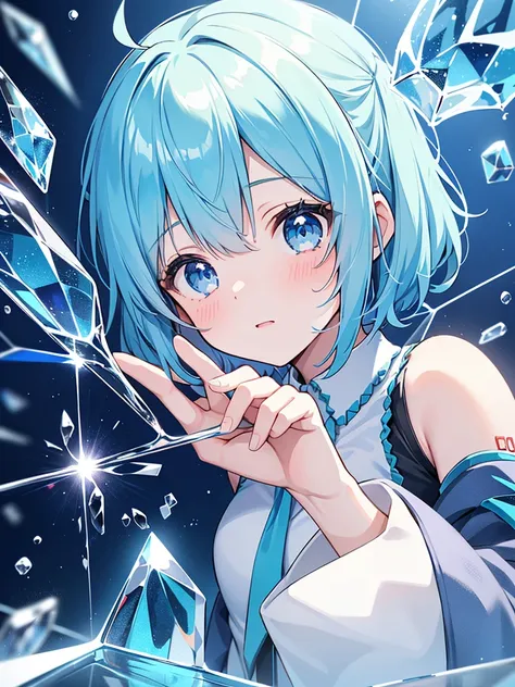 girl,16K, 20-year-old, (blue background), ground-level shot, (the glass that is broken:1.4) and misaligned by the bullet that came out of the gun, Hatsune Miku, pixiecut,blue eyes,sparkling,(The scattered glass is shining:1.3),