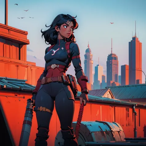 Cardinal, a gorgeous woman with (dark skin) wearing a modest black and red bodysuit, long sleeves, leggings. Athletic, huge breasts, wide hips. Short curly black hair, batons. bracers, shin guards, utility belt. Confident. City skyline, rooftops.