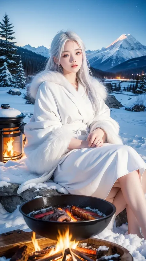 best quality,masterpiece,Ultra-high resolution,(photoactual:1.4),Snowy mountains at night,Icefields Tribe,20 years old,（Japan）White Woman,White hair over shoulders,White fur cloak,Sit on a stone,Barbecuing food by the campfire