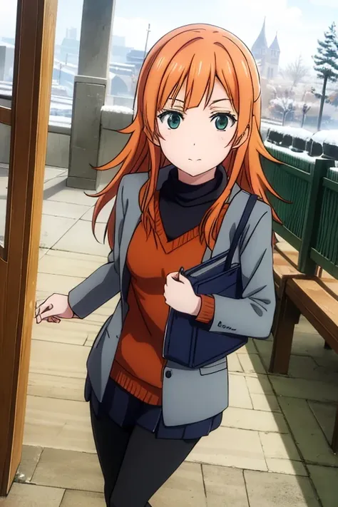 orange long hair, green eyes, winter wears a gray school coat, red craft, black tights, black boots, carries a bag