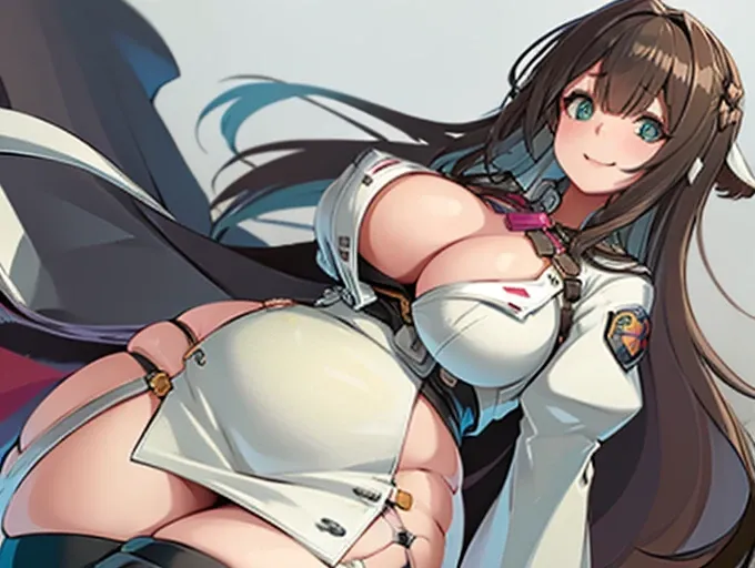 High detailed, 1 girl, solo, kashino, Brown hair, Green eyes,  busty, plump round breasts, deep cleavage, firm chunky body, white shirt, , deep cleavage, Juliet sleeves, pencil skirt, black thighhighs, white gloves, tall, smiling