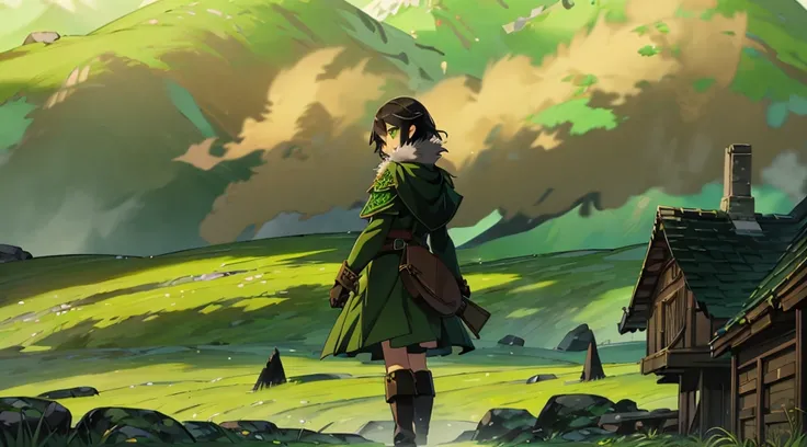 yuichiro hyakuya girl, (WithoutFear:1), 1 girl, black hair, green eyes, brown coat, gray armor, elves, sylvan, green shield, green cloak, dark brown gloves, forest, white fur trim, anime, standing, good quality, portrait, looking at viewer