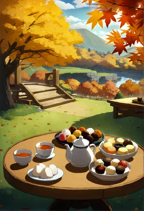 high resolution、Ghibli、Japan TV anime、table、Japanese sweets、dumpling、Japanese tea、autumn leaves、Gingko tree、Bright atmosphere、No people、landscape