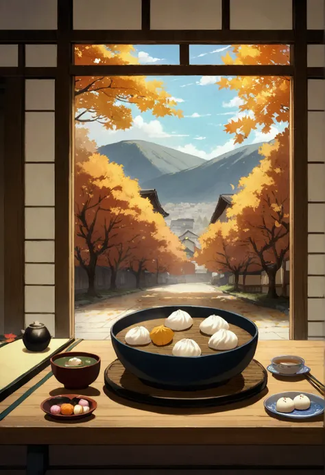 high resolution、Ghibli、Japan TV anime、table、Japanese sweets、dumpling、Japanese tea、autumn leaves、Gingko tree、Bright atmosphere、No people、landscape