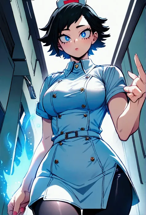 My hero academia, girl, black short hair and blue eyes, fully clothed, nurse style