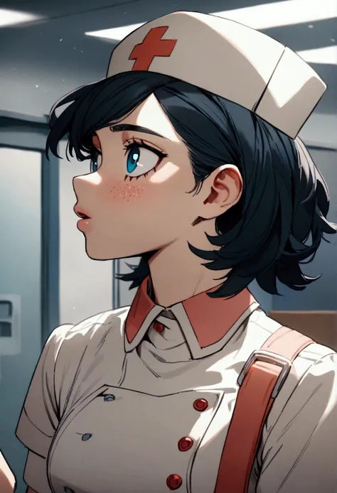 My hero academia, girl, black short hair and blue eyes, fully clothed, nurse style