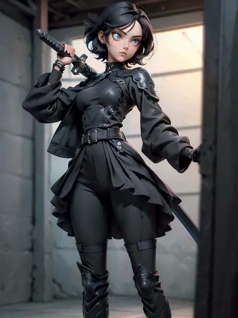 (((Best Quality))), (((Masterpiece))), (((Realistic))) slender, cute girl with short black hair and vibrant hazel eyes. She wears only a tight black legging with high-tech boots and holds a strong sword(extremely detailed:1.5)