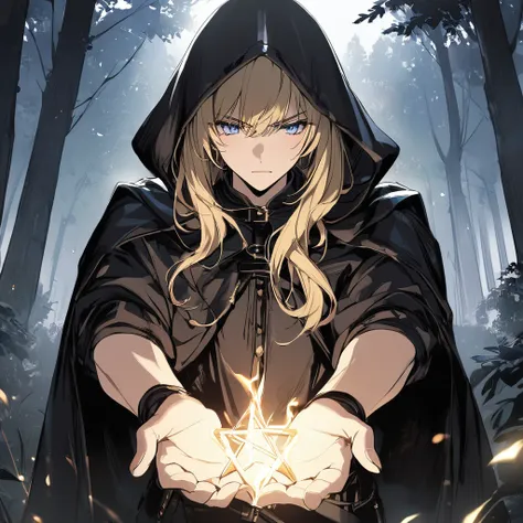 masterpiece, high quality, detailed background, boy, blonde, anime, light blue eyes, serious expression, casting a spell, yellow pentagram, dressed in a medieval outfit, black cloak with hood, in the forest