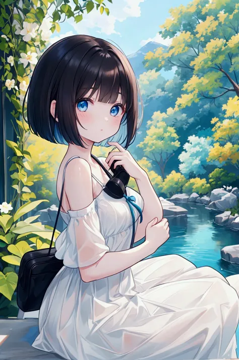 Photorealistic、Highest quality、Highest Resolution、Highest quality、８Ｋ、Beautiful woman taking a picture with a camera、Cute face、Bob cut hair、Dark Hair Color、Pale blue eyes、Beautiful breastountain climbing、Beautiful views、