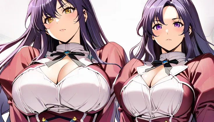 High detailed, 3 girls, matching hairstyles, matching uniforms, matching sizes,  violet eyes, purple tones colored hair, wavy long hair, busty, chunky body, yellow geneticss uniform, Juliet sleeves,  deep cleavage, white skirt, geneticss uniform, juliet sl...