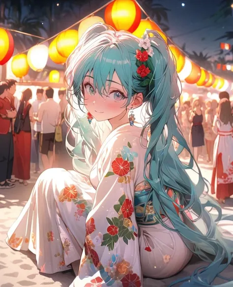 8K,gal，an extremely delicate and beautiful,Beautiful and realistic skin,Shiny jewel-like earrings, Hatsune Miku,beautiful eyes,whole body,head to toe,beautiful regs,beautiful Happi,summer festival 
