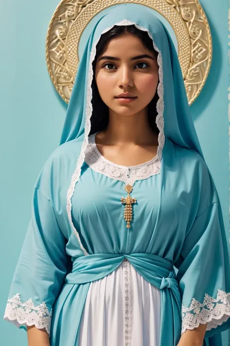 Virgin of Fatima from the chest up in pastel blue tones